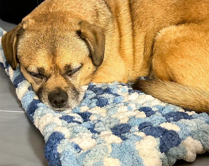 Small Dog Blanket Chunky Knit Blue 17x17 | Cat Bed Mat Handmade | Pet Crate Blanket Cozy Throw | Small Pet Bed Mat
