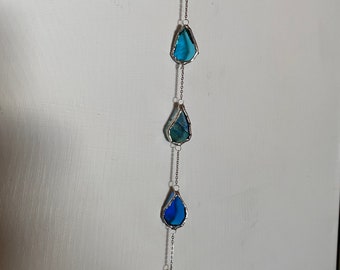 Blue Ombré Rain Drops Stained Glass Sun Catcher - Beautiful Jewel Tone Art