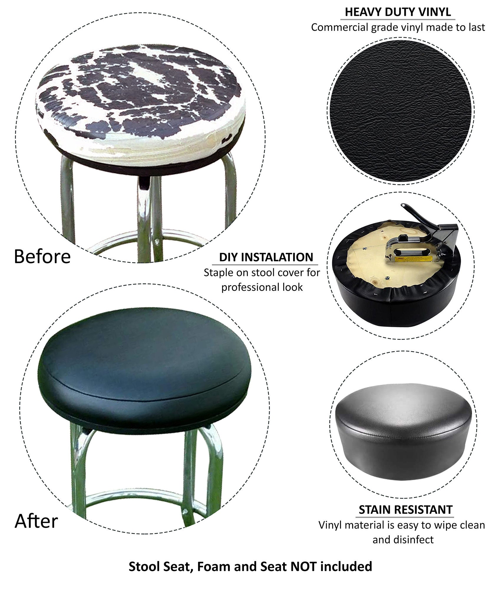 Bar Stool Cover Replacement Staple On Seat Top Made with Heavy Duty Commercial Grade Vinyl 15 inch Diameter, Dark Gray 