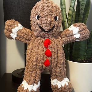 May include: A brown gingerbread man plush toy with white frosting details and red buttons. The toy is smiling and has black eyes.