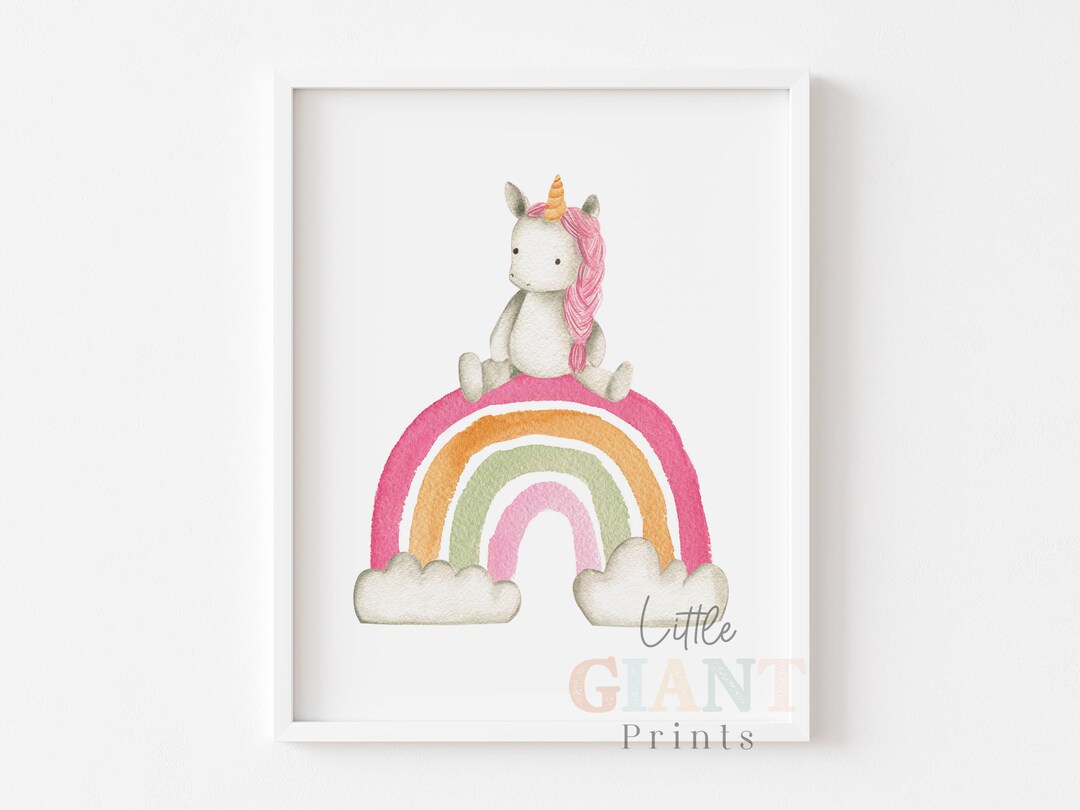 Watercolor Rainbow Unicorn Print, Wall Art Rainbow Print, Nursery Girls