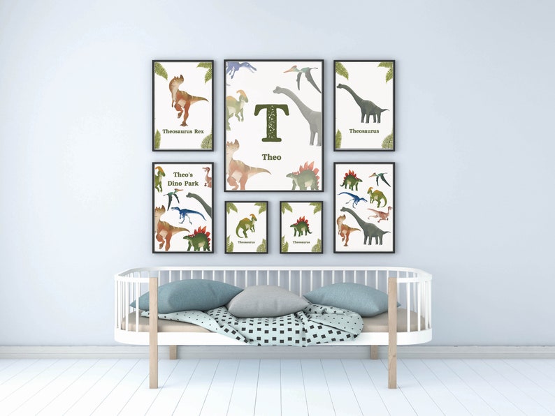 Personalized Dinosaurs Wall Art Prints Set Bundle, DIY Kids Wall Art