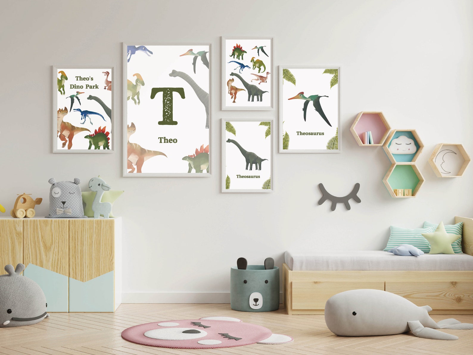 Personalized Dinosaurs Wall Art Prints Set Bundle, DIY Kids Wall Art