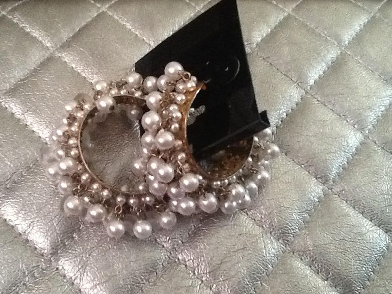 statement earrings REtro elegant faux gold and pearl 1970/'s 80/'s busy dangle hoops pierced earring chic funky and eye catching earrings