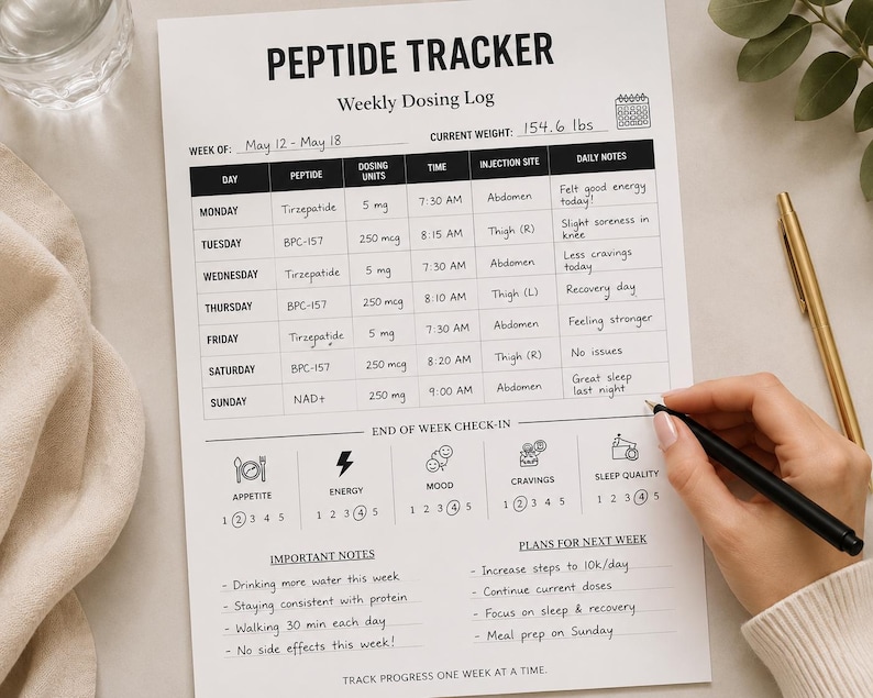Peptide Injection Log Weekly Peptide Tracker Printable PDF, Wellness Log, Injection Tracker ...