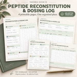 Peut inclure: Un ensemble de quatre pages imprimables intitulées Peptide Reconstitution & Dosing Log par Trackwell Design Co. Les documents présentent des tableaux et des champs pour suivre les informations sur les flacons, l'historique des doses et les détails.