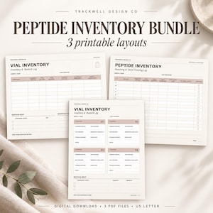 May include: A digital download bundle featuring three printable layouts for a Peptide Inventory. The documents include a Vial Inventory and Restock Log with columns for compound, strength, date, and storage, all presented in a clean, professional format.