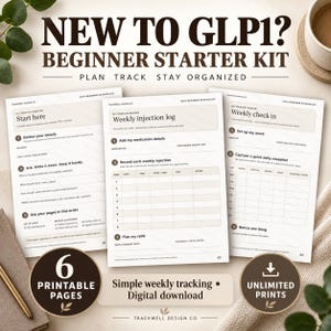 Puede incluir: Un kit de inicio para principiantes GLP1 que incluye tres páginas impresas con secciones para un registro semanal de inyecciones, control semanal y planificación de rutinas. Las páginas incluyen encabezados como New to GLP1.