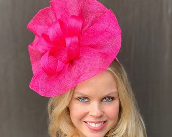 Tia Oversized Bright Pink Fascinator, Kentucky Derby Hat, Bright Pink Oaks Hat, Derby Fashion, Ladies Tea Hat, Fuchsia Fascinator,Royal Hats