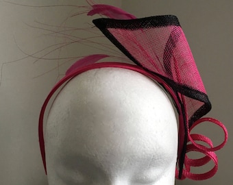 Lana Pink & Black Fascinator, Millinery, Kentucky Derby Fascinator, Pink Royal Hat, Ladies Wedding Hat, Bright Pink Tea-Party Fascinator Hat