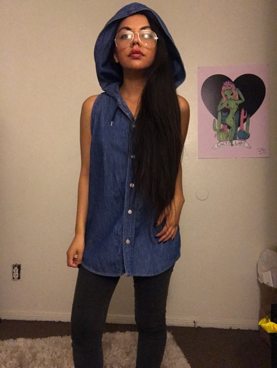 Vintage Retro Guess Hooded Denim Button Up Top - image 2