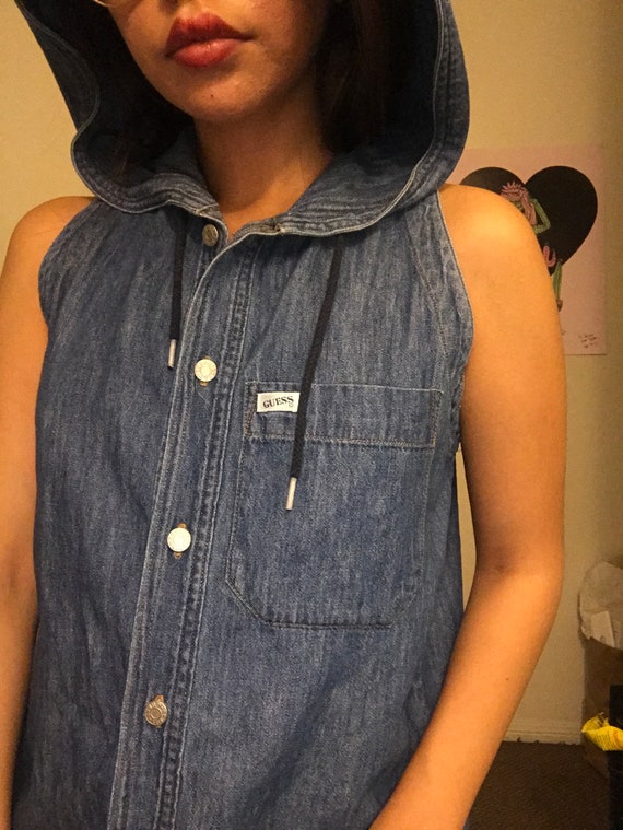 Vintage Retro Guess Hooded Denim Button Up Top - image 3