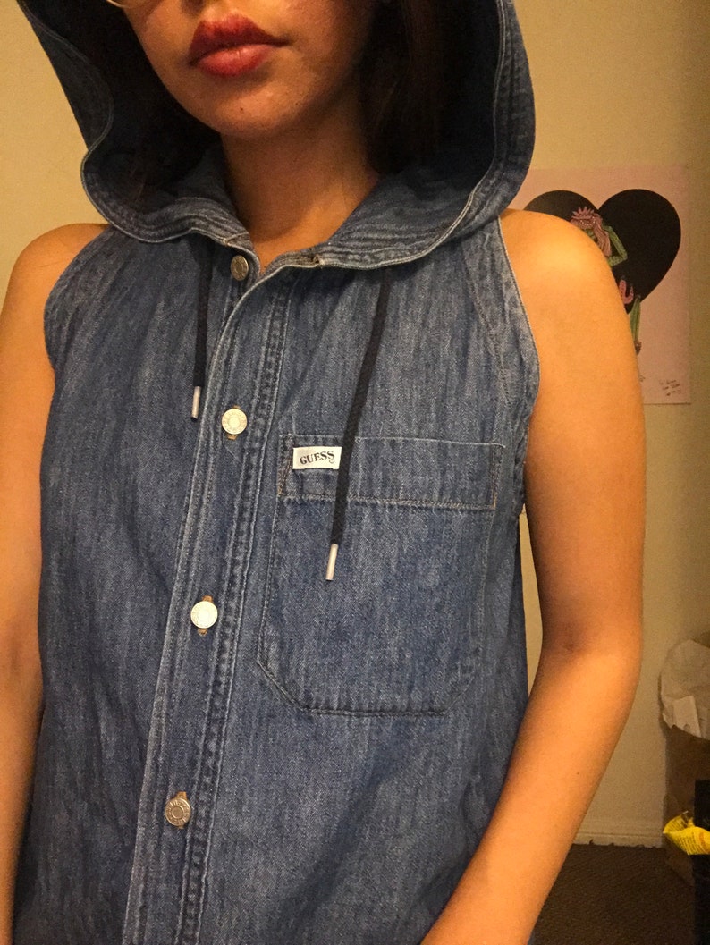 Vintage Retro Guess Hooded Denim Button Up Top image 3