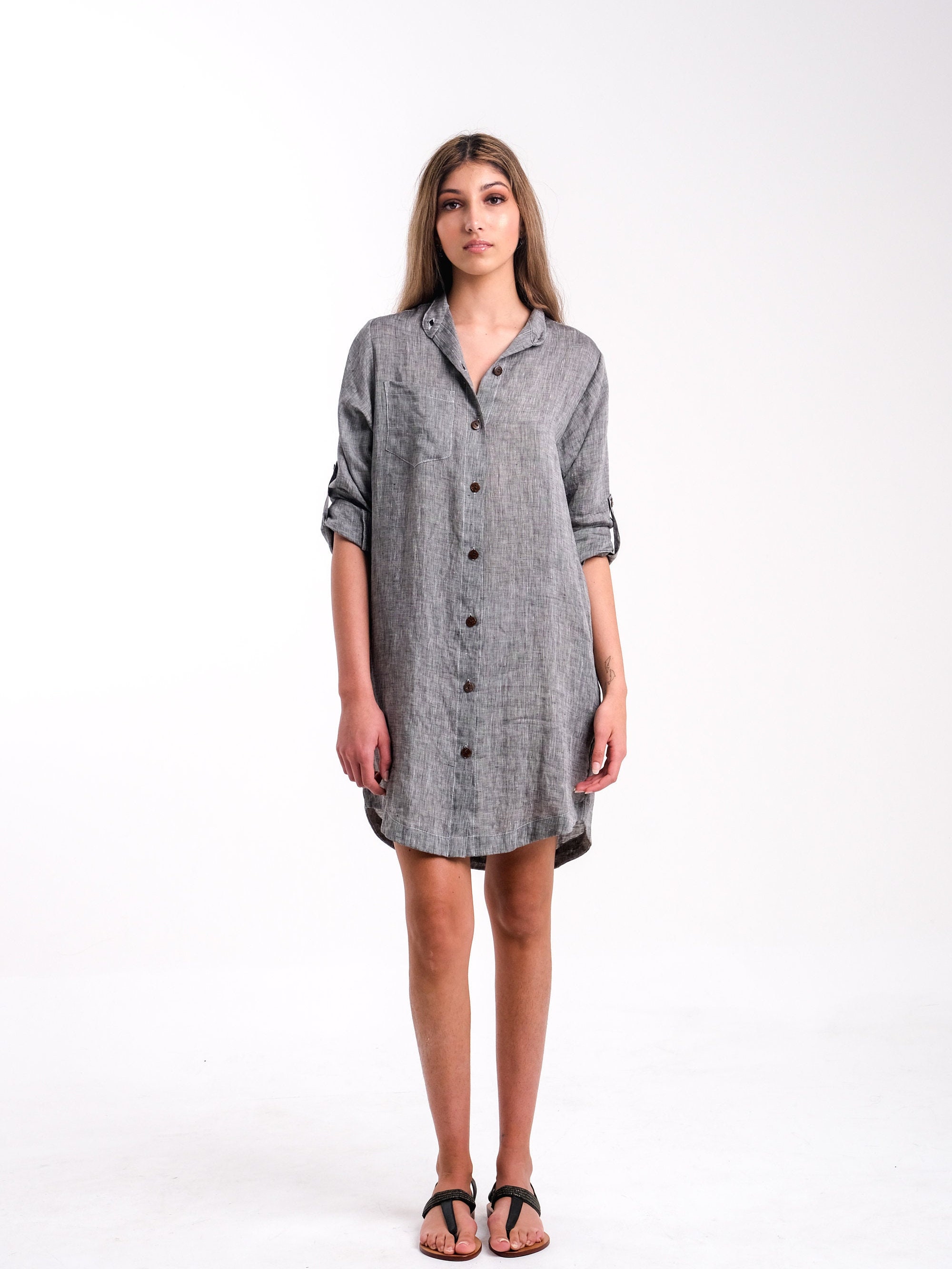 Linen Shirt Dress in Grey With Long Sleeves and Button