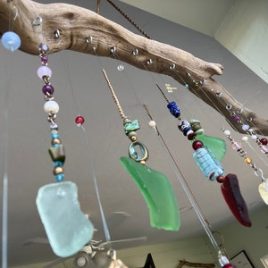 Wind and Sun Chimes with Colorful Beach Glass Beads and Driftwood