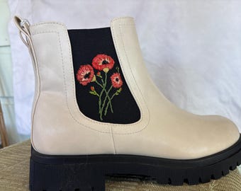 Damen Schnürstiefel, Stiefeletten, Crème, Mohnblumen, Größe 39, Crème Weiß Old Navy