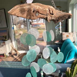 Puede incluir: Un carillón de madera flotante con una cadena para colgar. El carillón presenta múltiples conchas redondas, iridiscentes, blancas y verde azuladas que cuelgan de la madera flotante. Las conchas están enhebradas en alambre plateado.