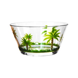 May include: A clear glass bowl with a green palm tree design. The bowl is perfect for serving salads, fruit, or snacks.