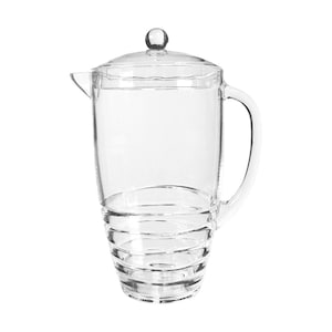 May include: A clear glass pitcher with a lid and a handle. The pitcher has a textured design with horizontal lines.