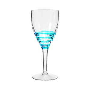 May include: A clear wine glass with a turquoise spiral design on the stem. The glass has a wide bowl and a slender stem, perfect for serving wine. The turquoise color adds a decorative touch to the glassware.