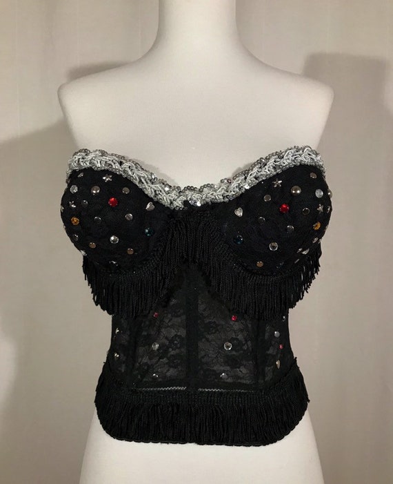 Vintage 1970's Fringe Western Black Bustier Bra/Co
