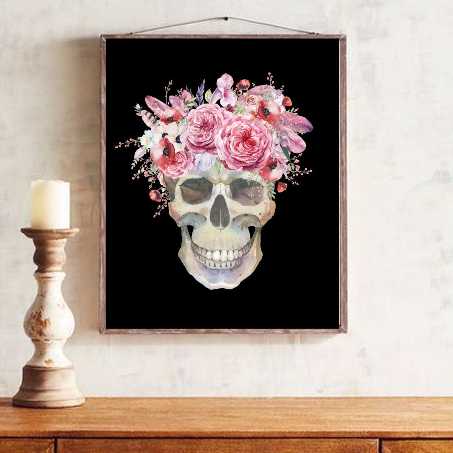 Boho goth flowers crown human skull Halloween watercolor | Etsy