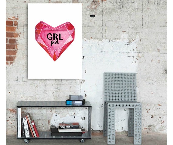 GRL PWR - Girl Power feminist print, Ruby heart diamond art, Strong women, Girl dorm wall art, Teen girl room decor, Empower women art