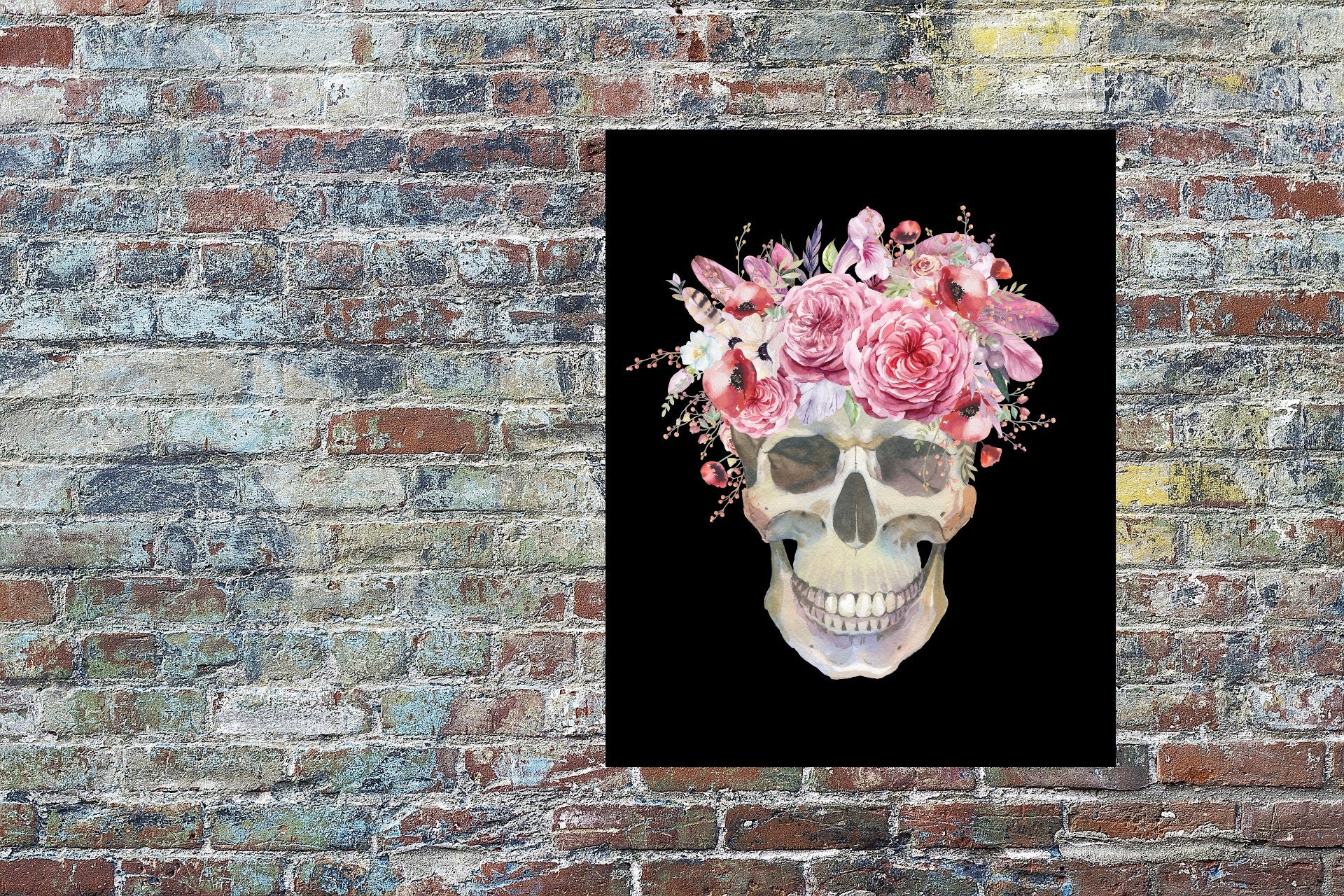 Boho goth flowers crown human skull Halloween watercolor | Etsy