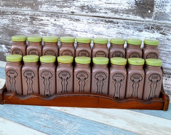 Spice, Spice Jars, Griffith's Laboratory Coco Brown, Lime Green Lids, Rack, Set of 19,  for Vintage Kitchen, by Vintage Blue Bungalow