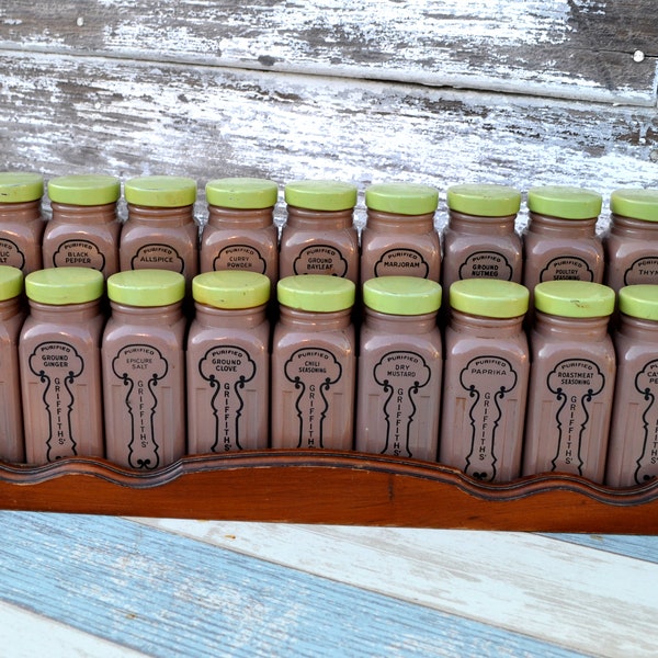 Spice, Spice Jars, Griffith's Laboratory Coco Brown, Lime Green Lids, Rack, Set of 19,  for Vintage Kitchen, by Vintage Blue Bungalow