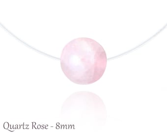 Collier Invisible - Quartz Rose - Argent 925 - Taille au choix - Pierres Naturelles 8mm (lithothérapie) - Style fil de pêche nylon