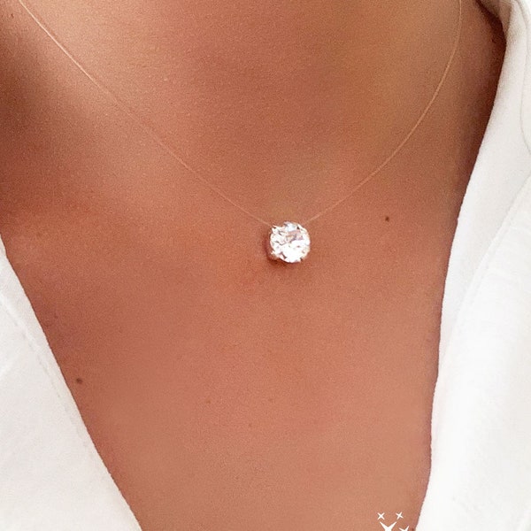 Collier invisible Solitaire  - GOLD / SILVER - Bijoux femme Fil de Nylon transparent - Ras de cou Style Diamant (4 Griffes) - Gift for her
