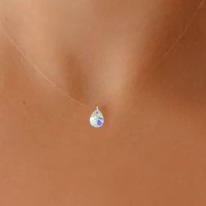 Invisible Necklace Small Crystal Drop Aurora Borealis, Silver or P. GOLD - Transparent peach nylon thread - Customizable Necklace - Jewelry