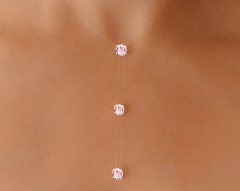 Transparente Halskette, HELLROSA 6mm kristallisiert - reiner Glanz - Schwimmender transparenter pfirsichfarbener Nylonfaden, Hochzeit Braut