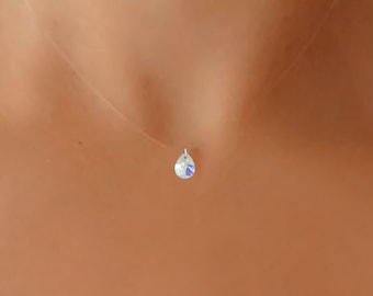 Collier invisible Petite Goutte Aurore Boréale Swarovski - Argent ou P. OR - Fil nylon pêche transparent - Collier Personnalisable - Jewelry