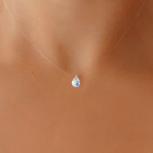 Invisible Necklace Small Crystal Drop Aurora Borealis, Silver or P. GOLD - Transparent peach nylon thread - Customizable Necklace - Jewelry