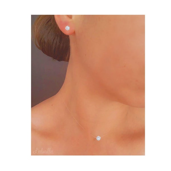 Parure invisible MINI Solitaire Swarovski 4mm - Argent 925 - Fil nylon pêche transparent - Personnalisable - Réglable