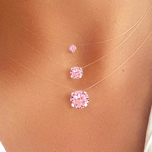 Transparent Necklace - Light Pink Crystal Solitaire - Silver / Gold - Invisible Nylon Fishing Line Necklace - Jewelry Silver Gold