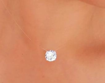 GRAND Swarovski® invisible necklace - Solitaire 8mm Transparent nylon necklace - 925 Silver finish - Customizable - Suspended diamond