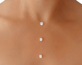 Invisible Triple Solitaire Necklace 6mm - Silver / Gold - Transparent Peach Nylon Thread - Minimalist Jewelry - Adjustable - Wedding