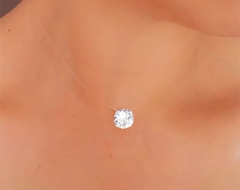 Invisible Necklace - Solitaire Necklace in transparent nylon - 925 Sterling Silver Finish - Customizable - Hanging Diamond