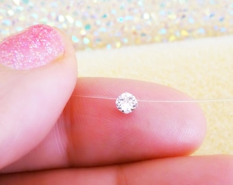 Tiny transparent solitaire necklace, 3mm, silver or gold. Transparent fishing line nylon thread necklace, minimalist invisible nylon thread choker.