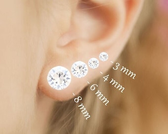 Paire de boucles d'oreilles 3, 4, 6 ou 8 mm Swarovski® et Argent 925 (Anti-allergique, sans nickel) - Puces clous d'oreilles