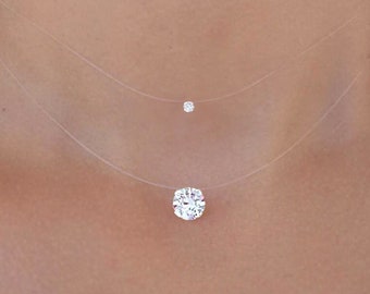 Collar invisible - Solitario Swarovski® - Plata - Hilo de nailon melocotón transparente - Collar colgante pequeño minimalista - Joyería