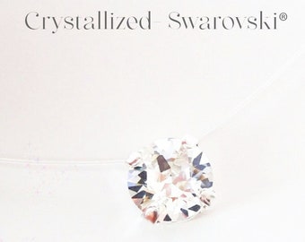 Collier Grand Strass - Nylon Invisible et en argent 925 - Orné d'un cristal de Swarovski de 8mm - Fil de pêche - Diamant Oxyde Zirconium ...