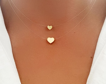 Collier illusion cœur plaqué Or 18K, petit ou grand pendentif, collier transparent invisible, minimaliste, boho, délicat, personnalisable