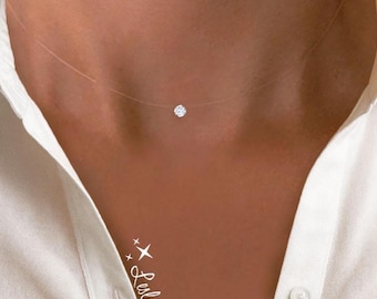 Colar invisível com pequeno cristal Swarovski, pingente de cristal mini - Pure Brilliance™, gargantilha, fio de nylon transparente estilo linha de pesca.