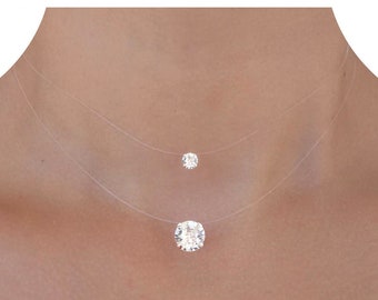 Collier Simple ou Double Pendentif - Petit / Grand Solitaire - Bijou Fil de Nylon transparent Ras de cou choker - Mariage - Gift for her