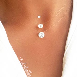 Pendant Necklace - Small or Large Solitaire, Clear Nylon Thread Choker Necklace - Wedding - Gift for her