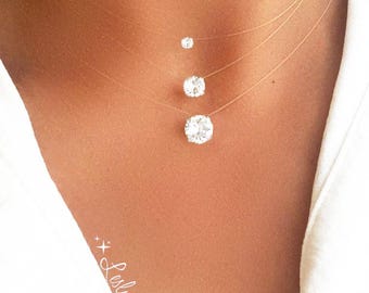 Collar con colgante, solitario pequeño o grande, gargantilla de hilo de nailon transparente, regalo de boda para ella.